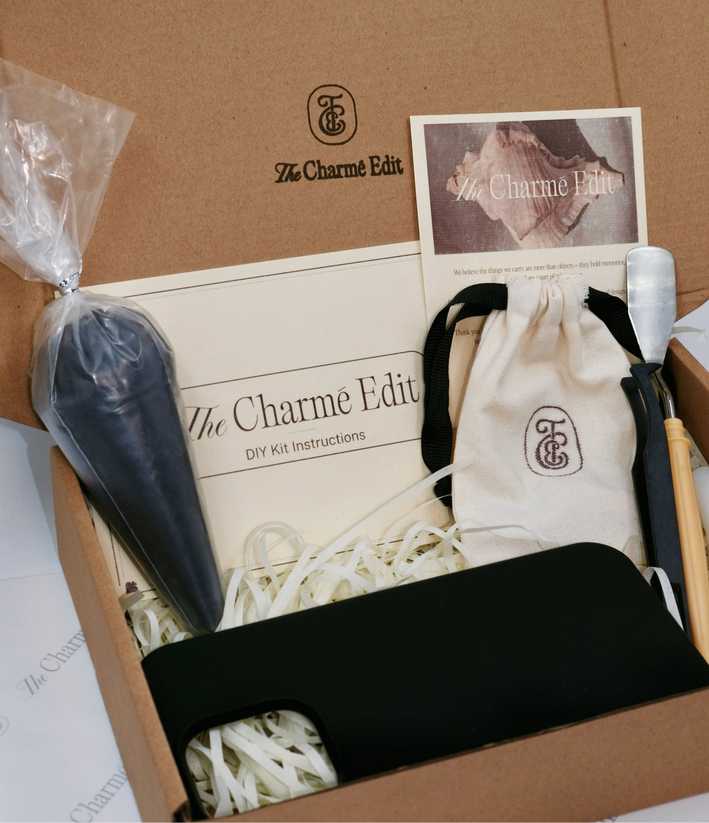 The Charme Edit DIY phone case kit with charms, seashells, tools, and materials to create a custom handmade iPhone case. Perfect for birthdays, creative gifts, craft parties, or a relaxing self-care project.