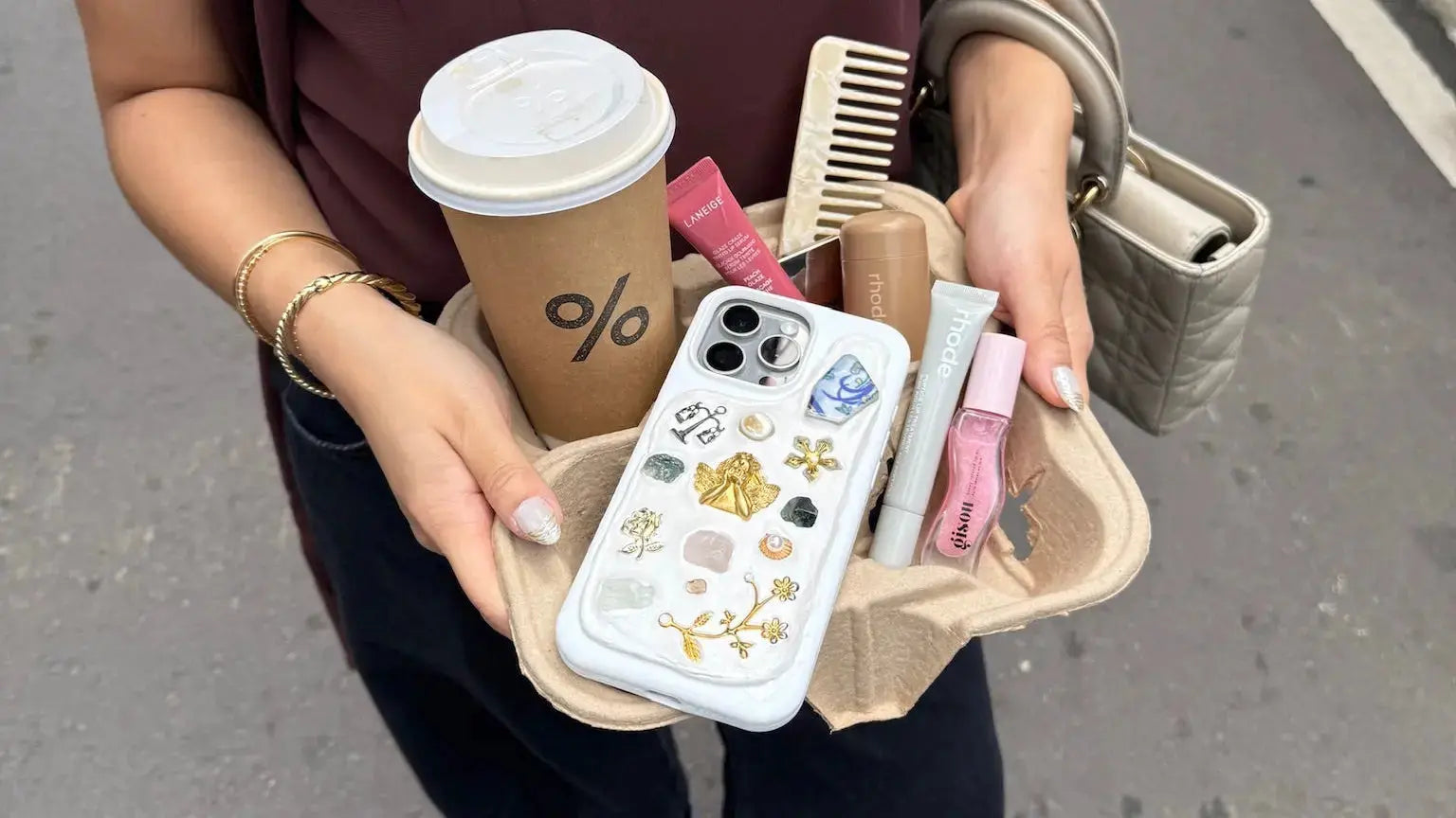 Personalized vintage-stype phone cases iphone with blue tile, pink gem, crystal stones, cupid gold charm.