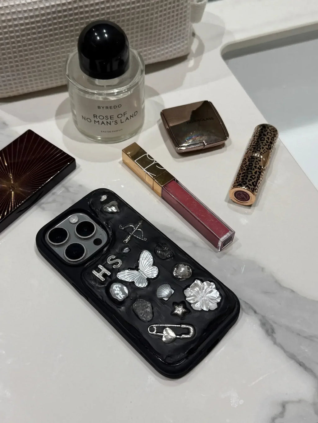 Custom iPhone charm phone case with shell details, handmade to order, feminine fashion accessory for everyday use.