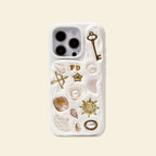 handmade personalised phone case with gold charms, pearl and seashells, aesthetic custom charm phone case gift for her