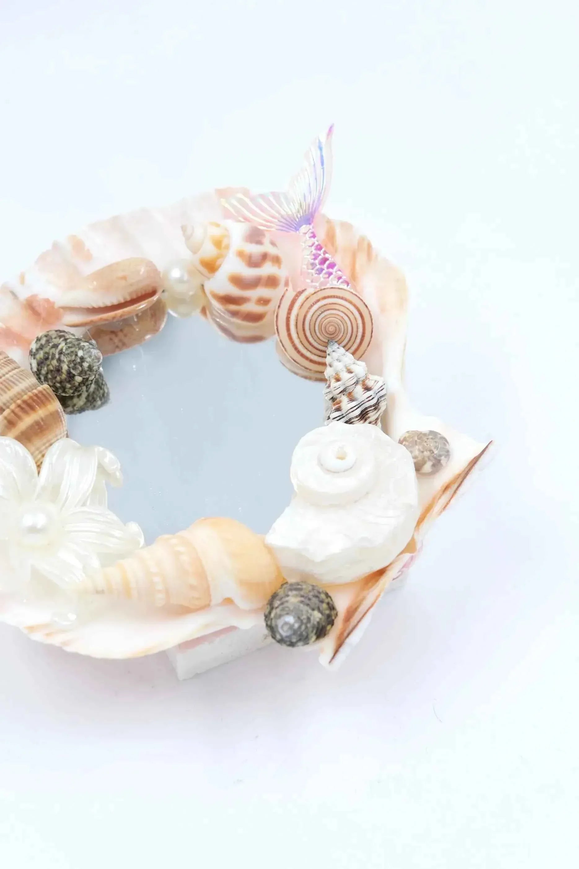 Valentine's Day gift seashell mirror aesthetic: handmade home decor with white shells & pearls.