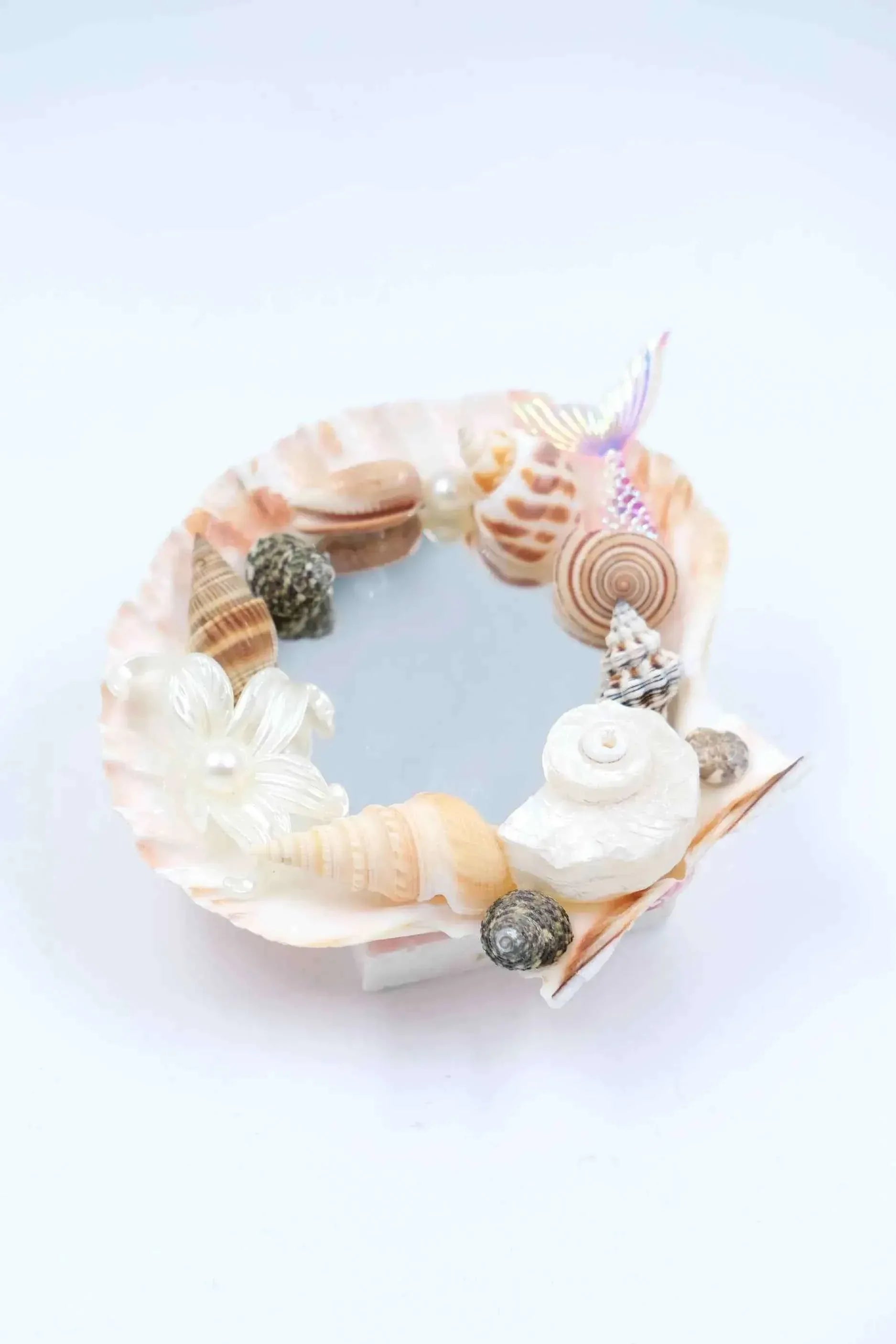 Valentine's Day gift seashell mirror aesthetic: handmade home decor with white shells & pearls.