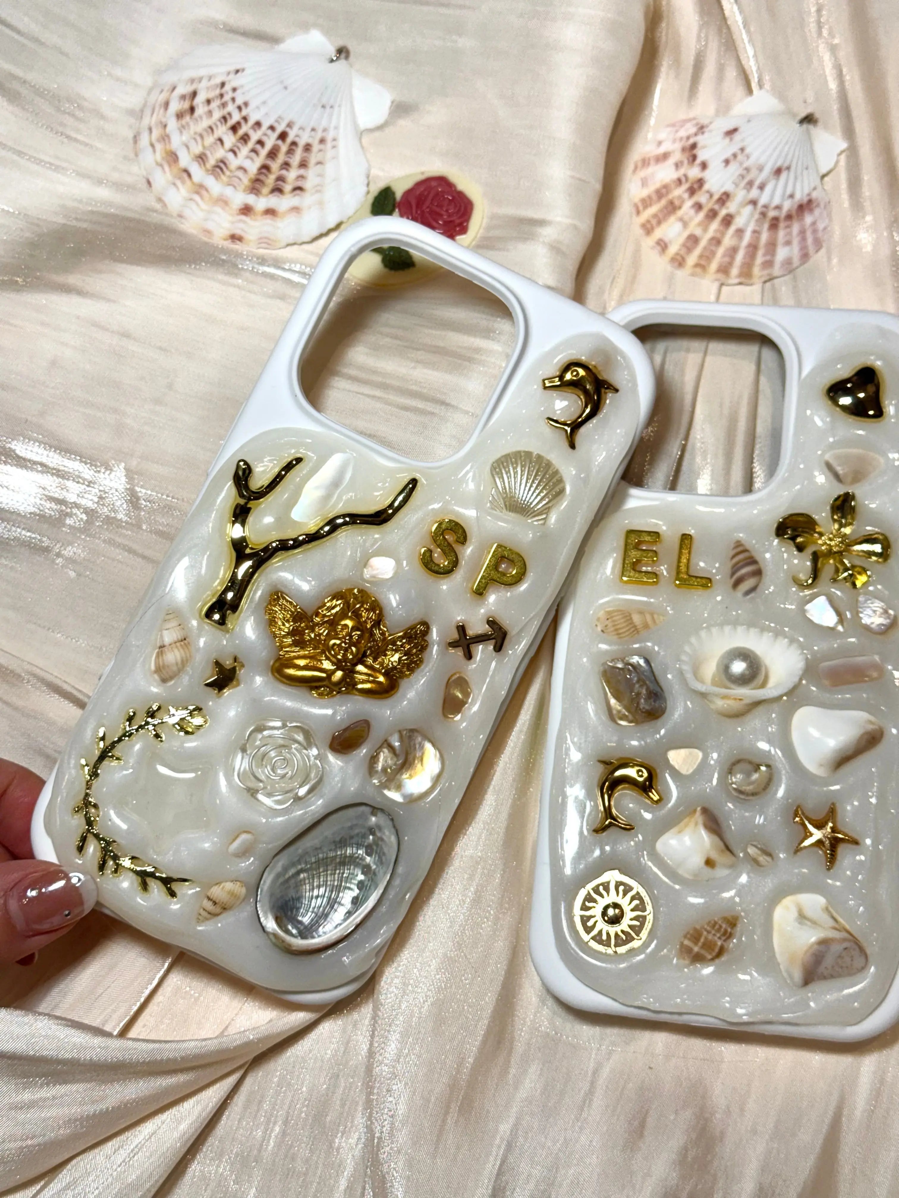 handmade personalised phone cases with gold charms and initials, aesthetic custom charm phone case designs