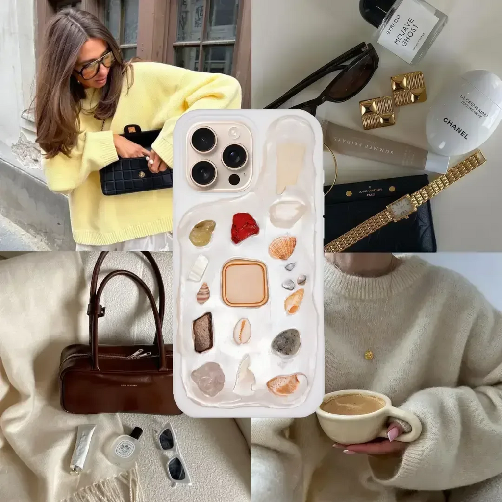 Seashell phone case shells with sea glass, starfish, and beige accents.