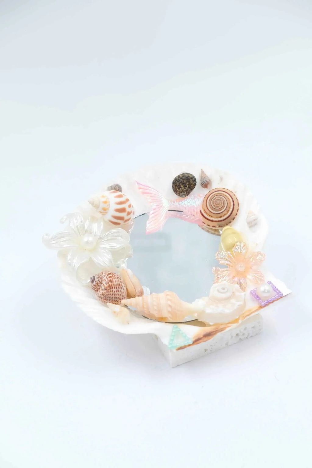 gift coquette room decor: handmade seashell mirror with blue mermaid tail charms.