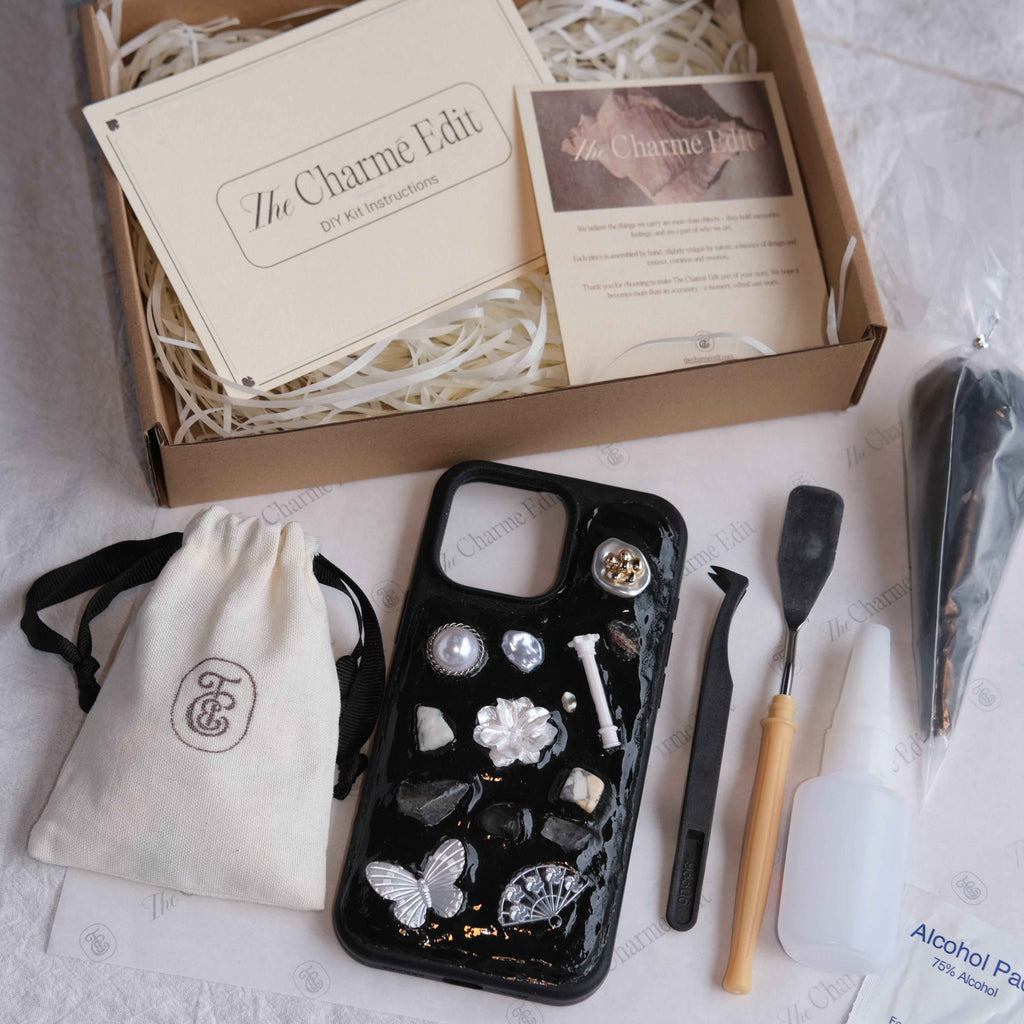 The Charme Edit DIY phone case kit with charms, seashells, tools, and materials to create a handmade custom iPhone case. Perfect for birthdays, creative gifts, craft parties, or a relaxing self-care project. | Craft ideas, custom phone cases, DIY phone cases