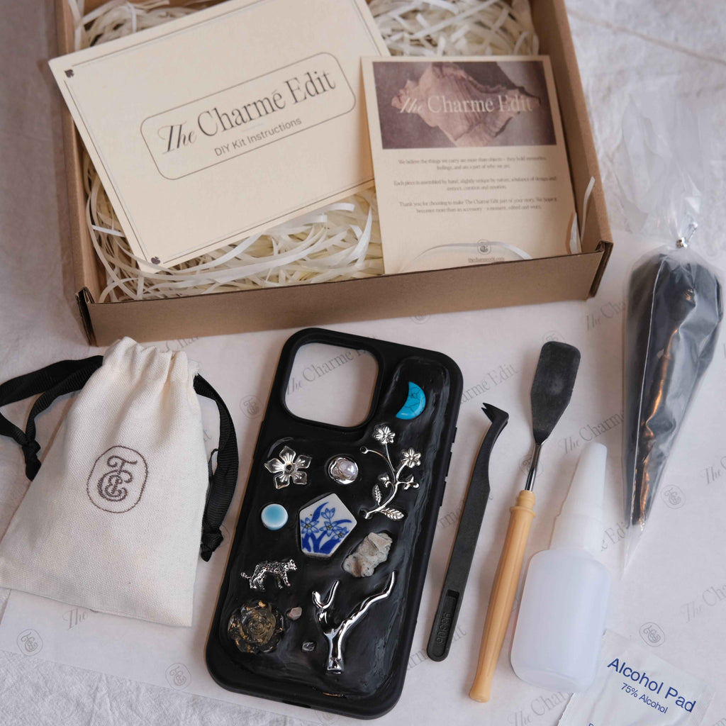 The Charme Edit DIY phone case kit with charms, seashells, tools, and materials to create a handmade custom iPhone case. Perfect for birthdays, creative gifts, craft parties, or a relaxing self-care project. | Craft ideas, custom phone cases, DIY phone cases