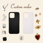 Custom design silicone phone case for iPhone, handmade and made to order with charms and shells, available in black or white base.