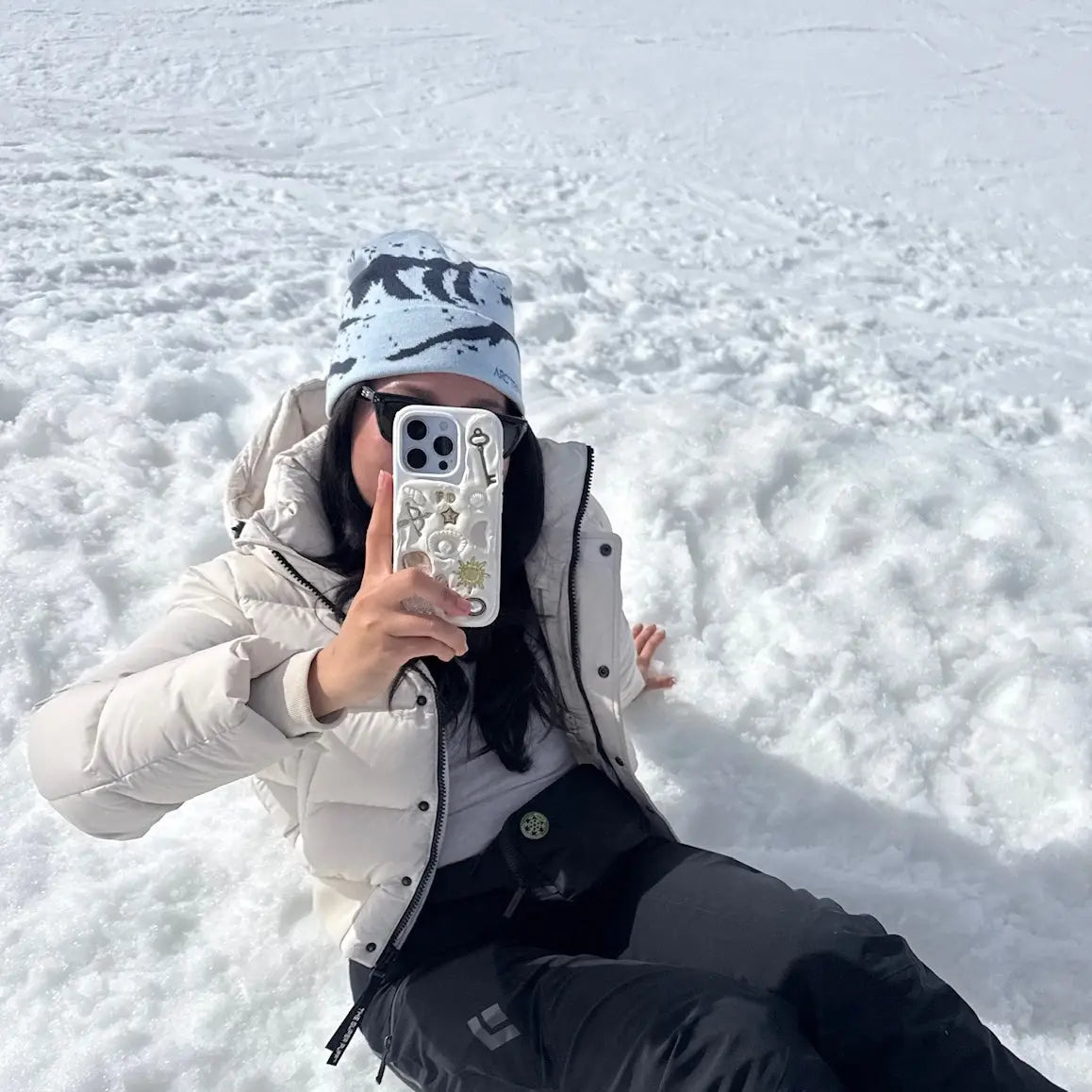 handmade custom charm phone case for iPhone Samsung Pixel in lifestyle selfie, personalised aesthetic accessory