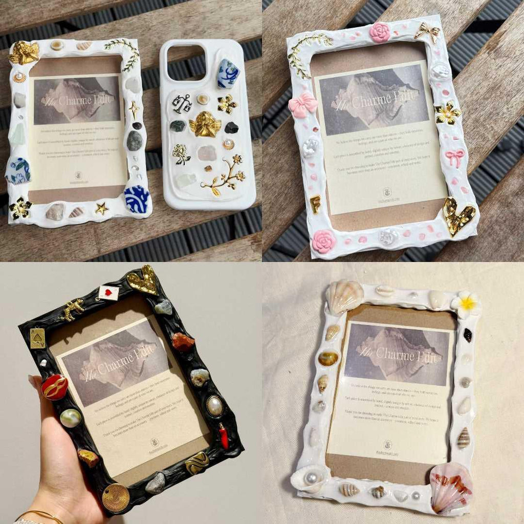 Decorative phone case and frames with embellishments on a wooden surface.