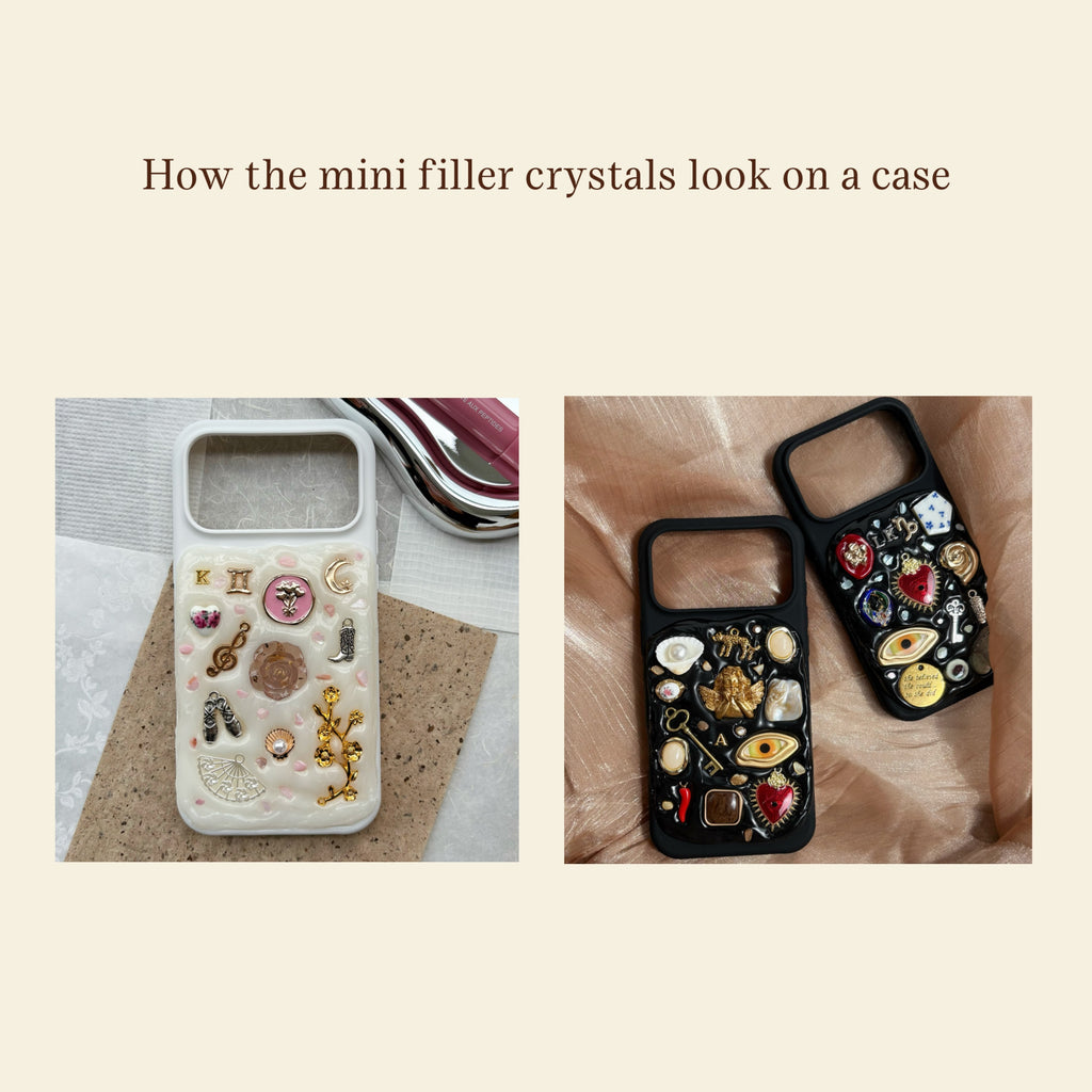 Two phone cases with decorative mini filler crystals on a beige background.