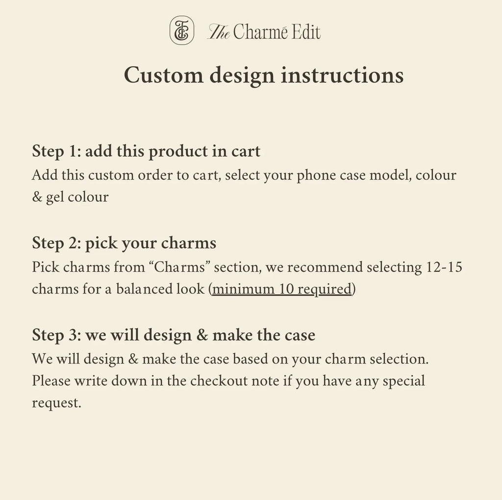 personalised phone case process instructions, select model colour and charms for custom design