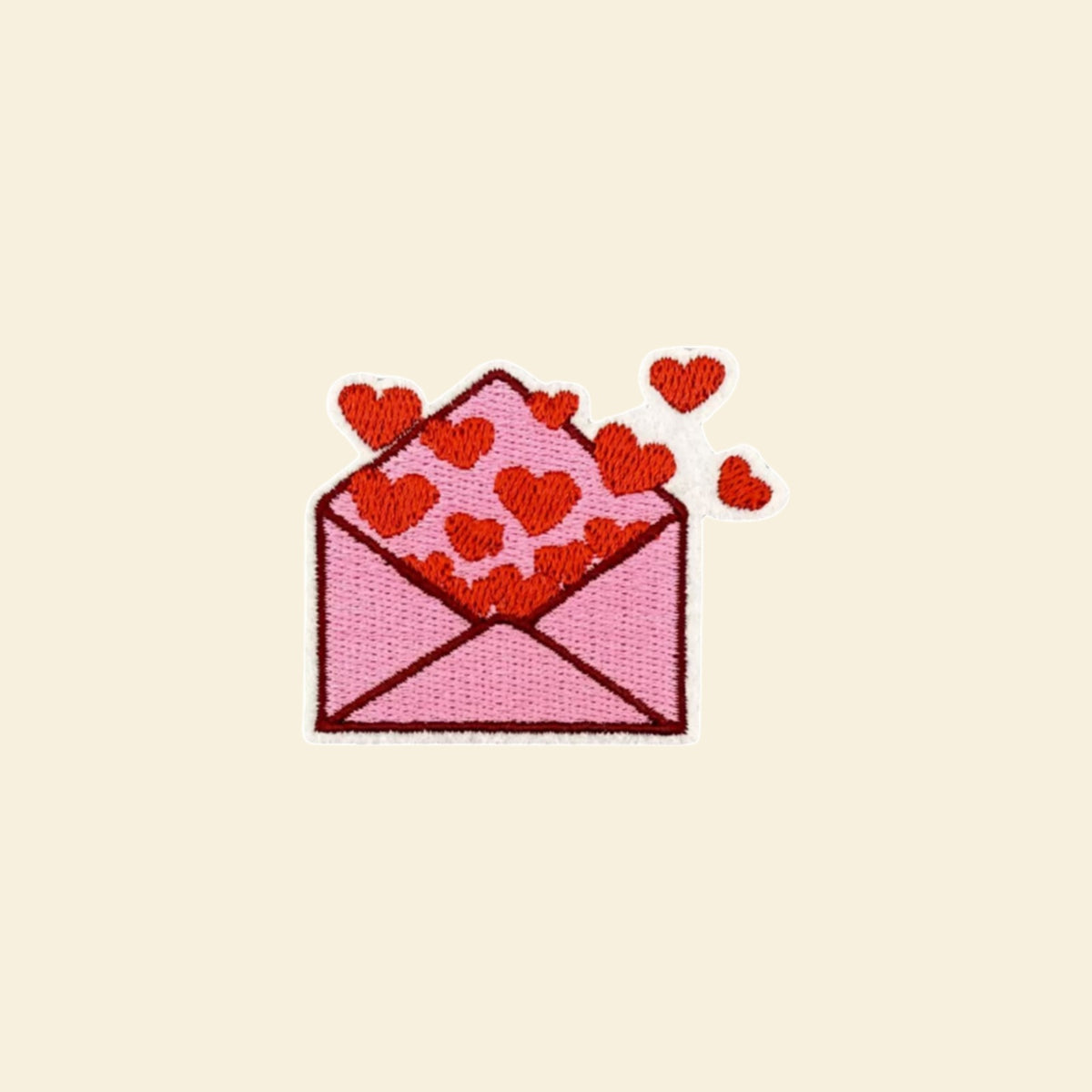 Pink envelope with red hearts embroidered patch for a personalised tote bag