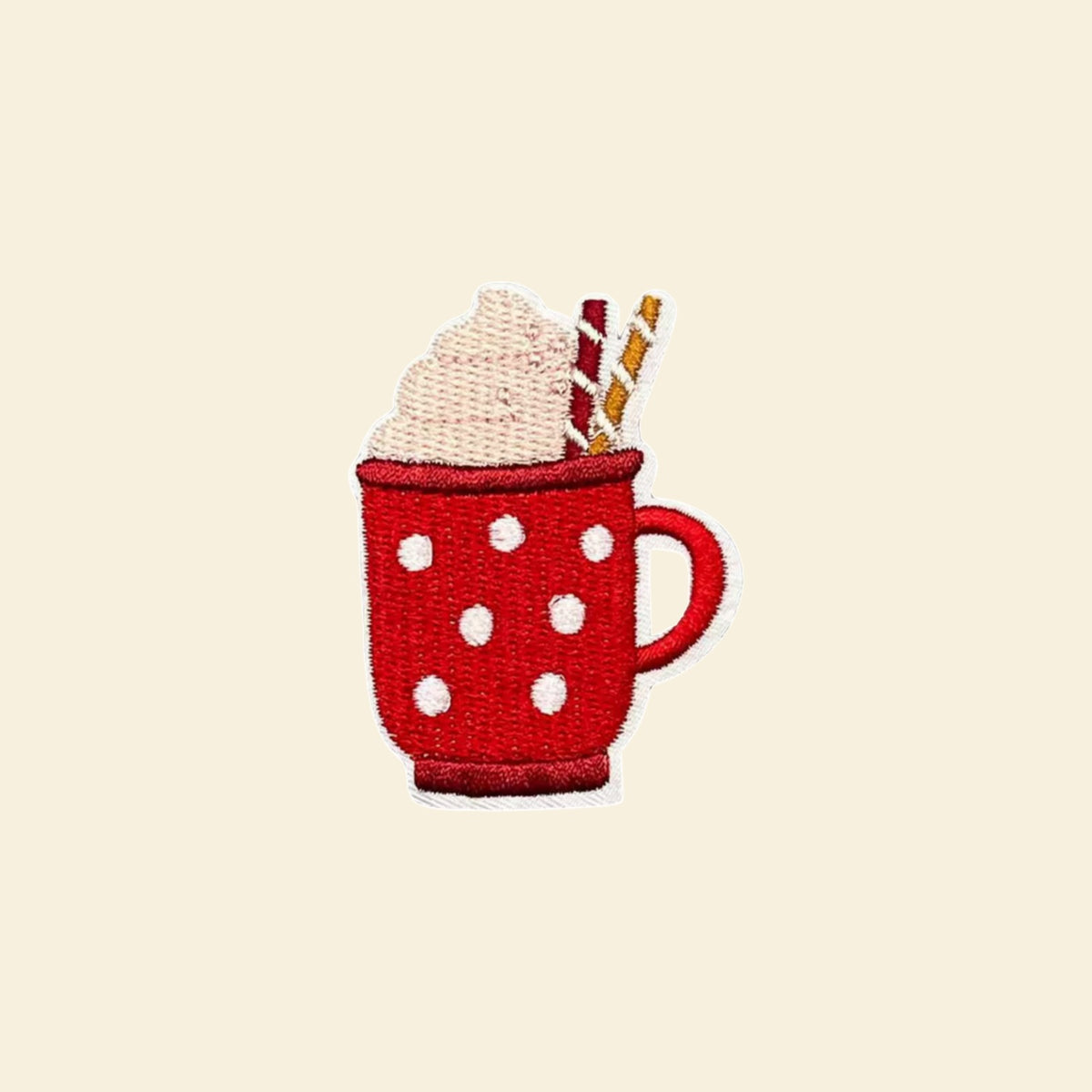 Hot chocolate in a polka dot mug embroidered tote bag patch