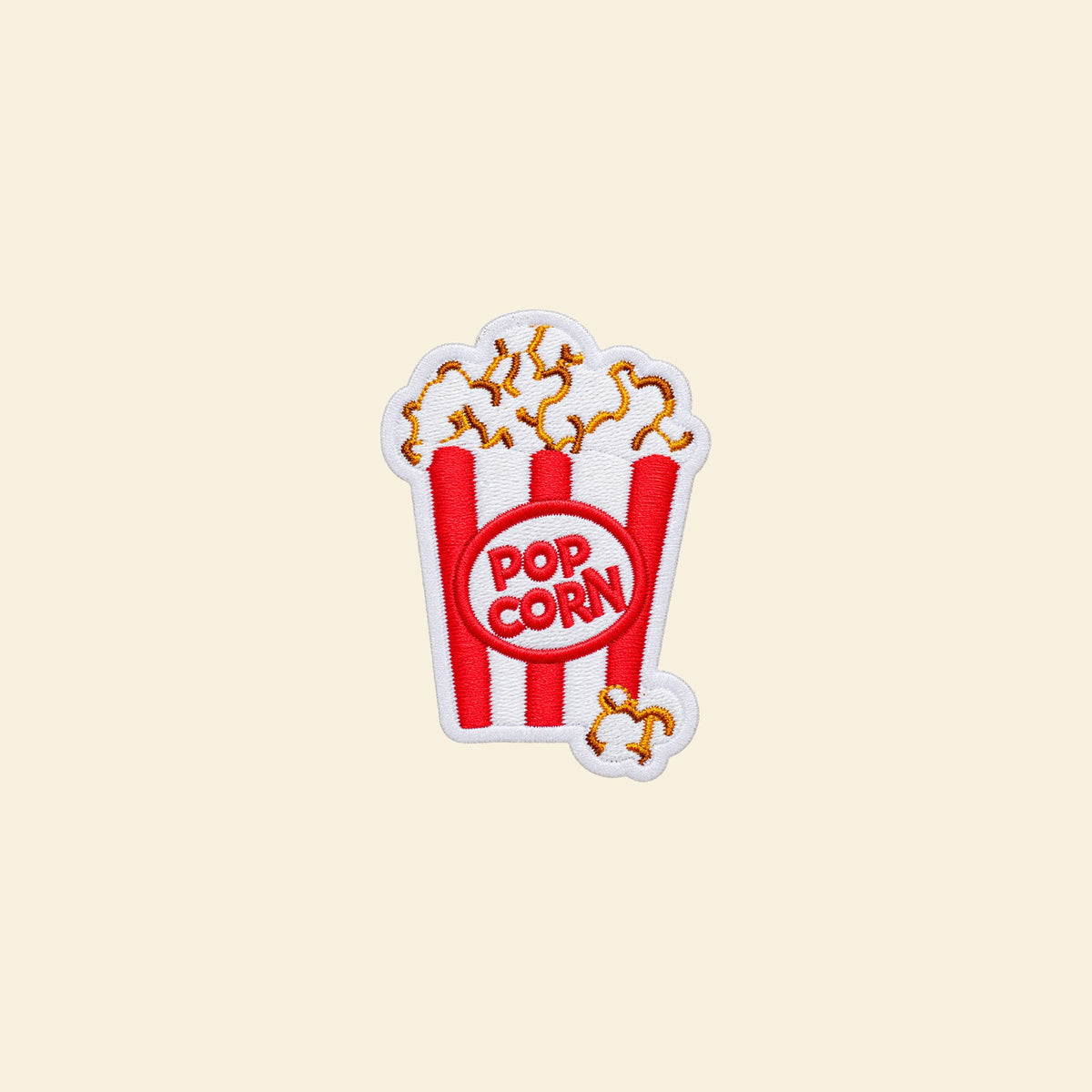 Red and white striped popcorn box embroidered patch for a personalised tote bag