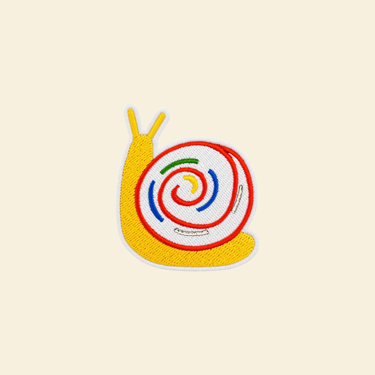 Yellow snail with a rainbow shell embroidered bag patch