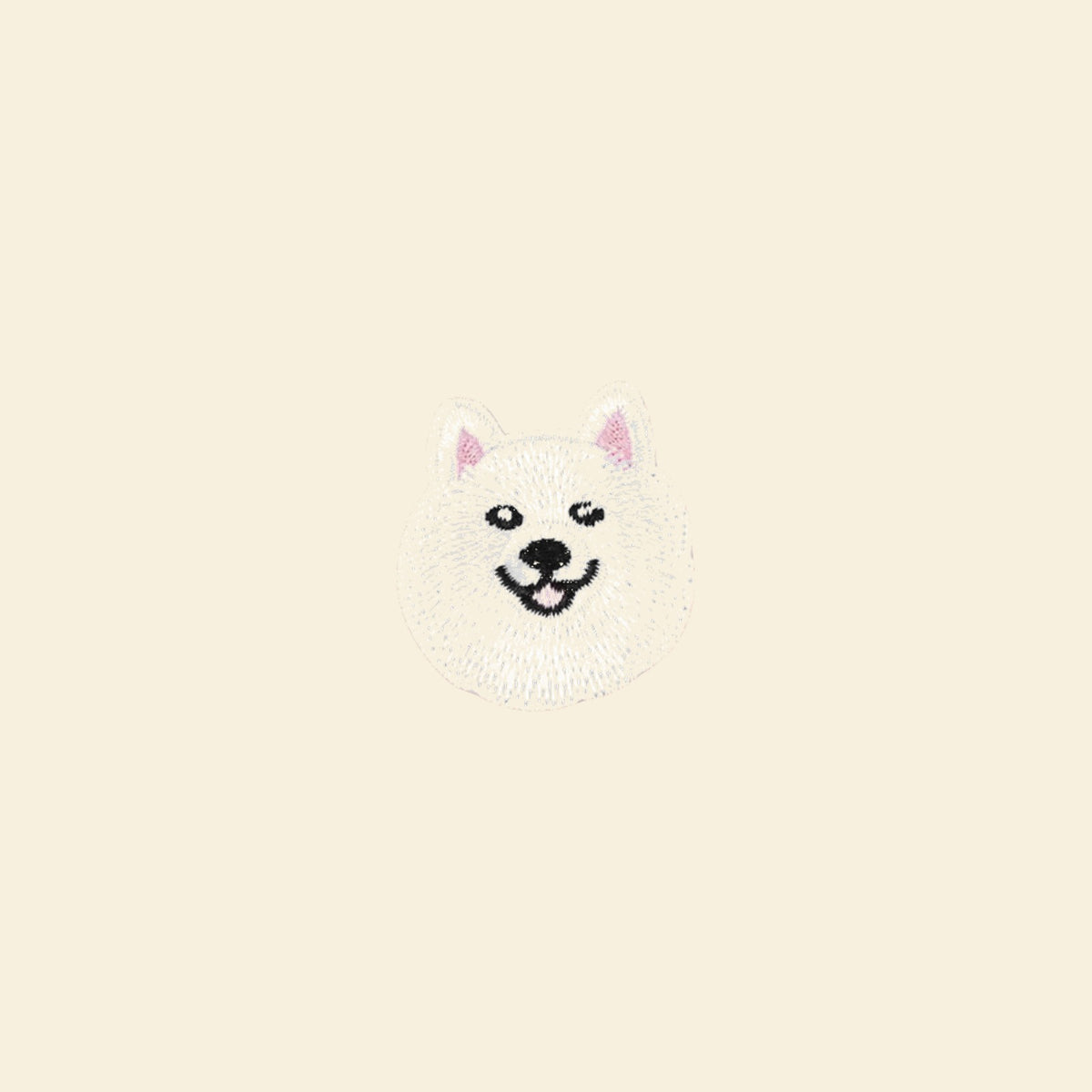 Smiling white spitz dog iron-on patch for a custom tote bag